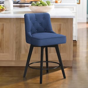 Roman 26.5 in. Navy Blue Fabric Upholstered Solid Wood Leg Counter Height Swivel Bar Stool With Back（Set of 1）