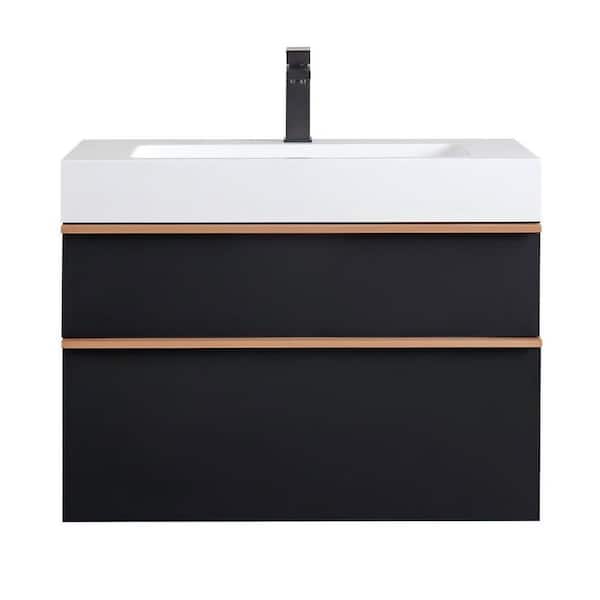 ANGELES HOME 30 in. W x 19 in. D x 23 in. H Wall-Mounted Bath Vanity in Black with White Acrylic Top