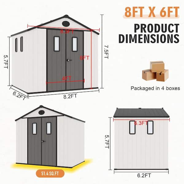 8 ft. W x 6 ft. D Resin Storage Shed with Skylight Windows, Lockable Double Doors, Vents and Floor (48 sq. ft.)