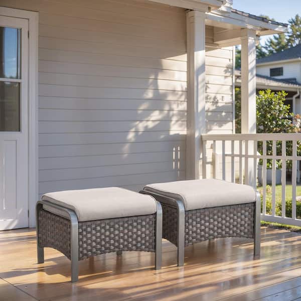 Farmhouse Brown Wicker Outdoor Ottoman with Beige Cushions and Edge Support Design (2-Pack)
