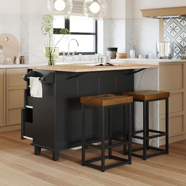 50.3 in. W 3-Piece Farmhouse Black Wood Top Kitchen Island Set Seats 2