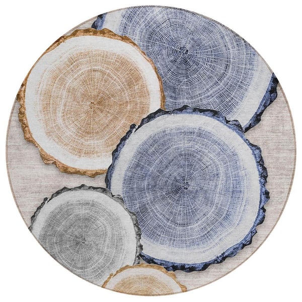 HomeRoots Beige Blue and Gold 8 ft. Round Woven Geometric Round Indoor/Outdoor Area Rug