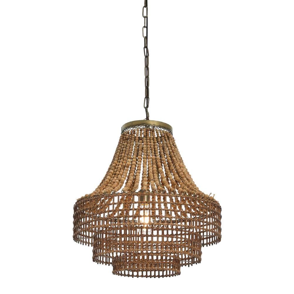 Storied Home Metal Rattan and Wood Bead Chandelier Brown: ETL Listed, Iron Canopy, Adjustable Height