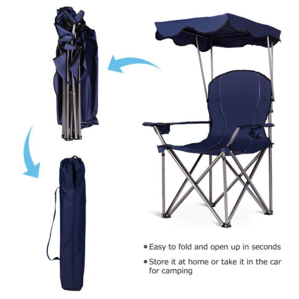 Blue Portable Folding Camping Chair with Canopy and Cup Holders