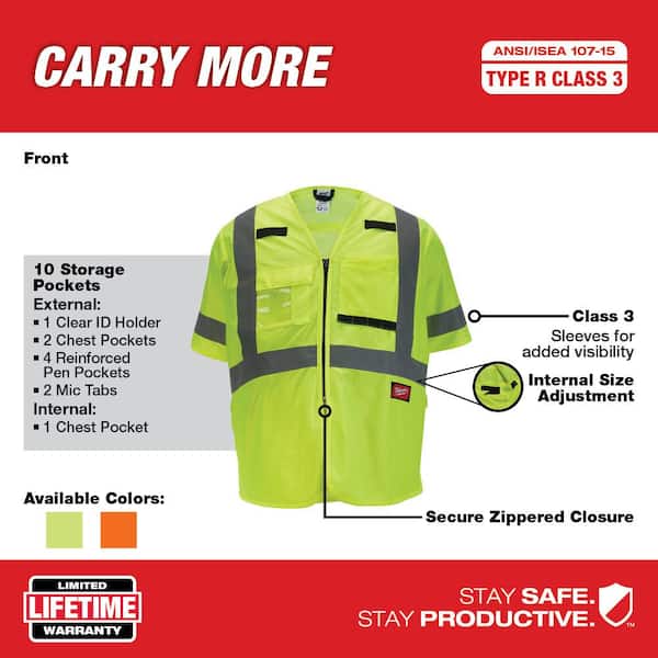 Large/X-Large Yellow Class 3 High Visibility Safety Vest with 10-Pockets and Sleeves