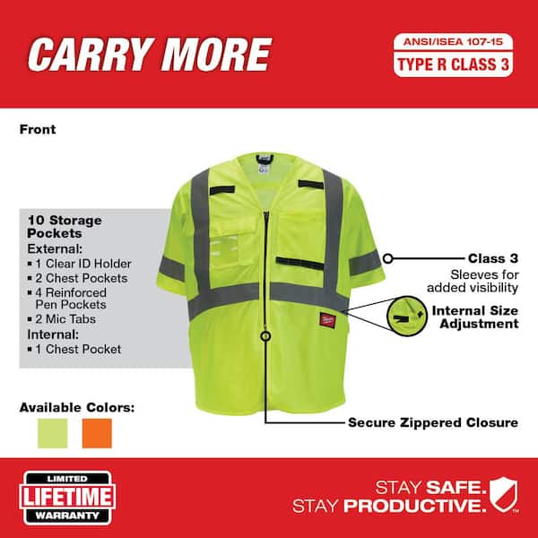 Milwaukee Large/X-Large Yellow Class 3 High Visibility Safety Vest with  10-Pockets and Sleeves 48-73-5142 - The Home Depot