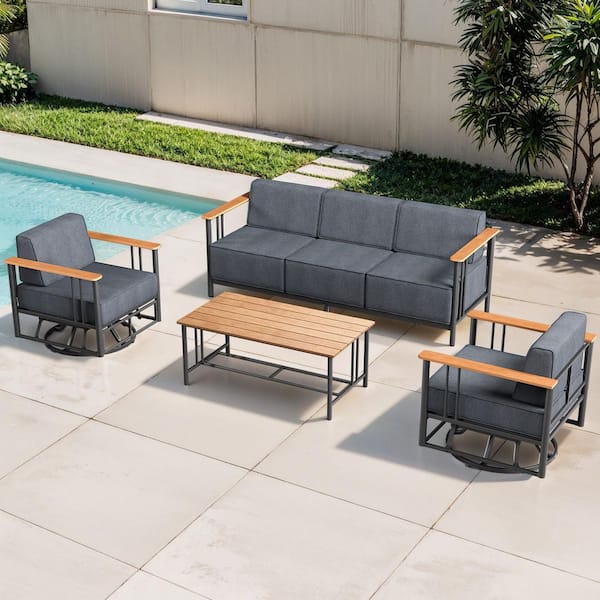 Minimalism 4-Piece Black Patio Metal Outdoor Conversation Set with Swivel Rocking Chair and Dark Gray Cushions