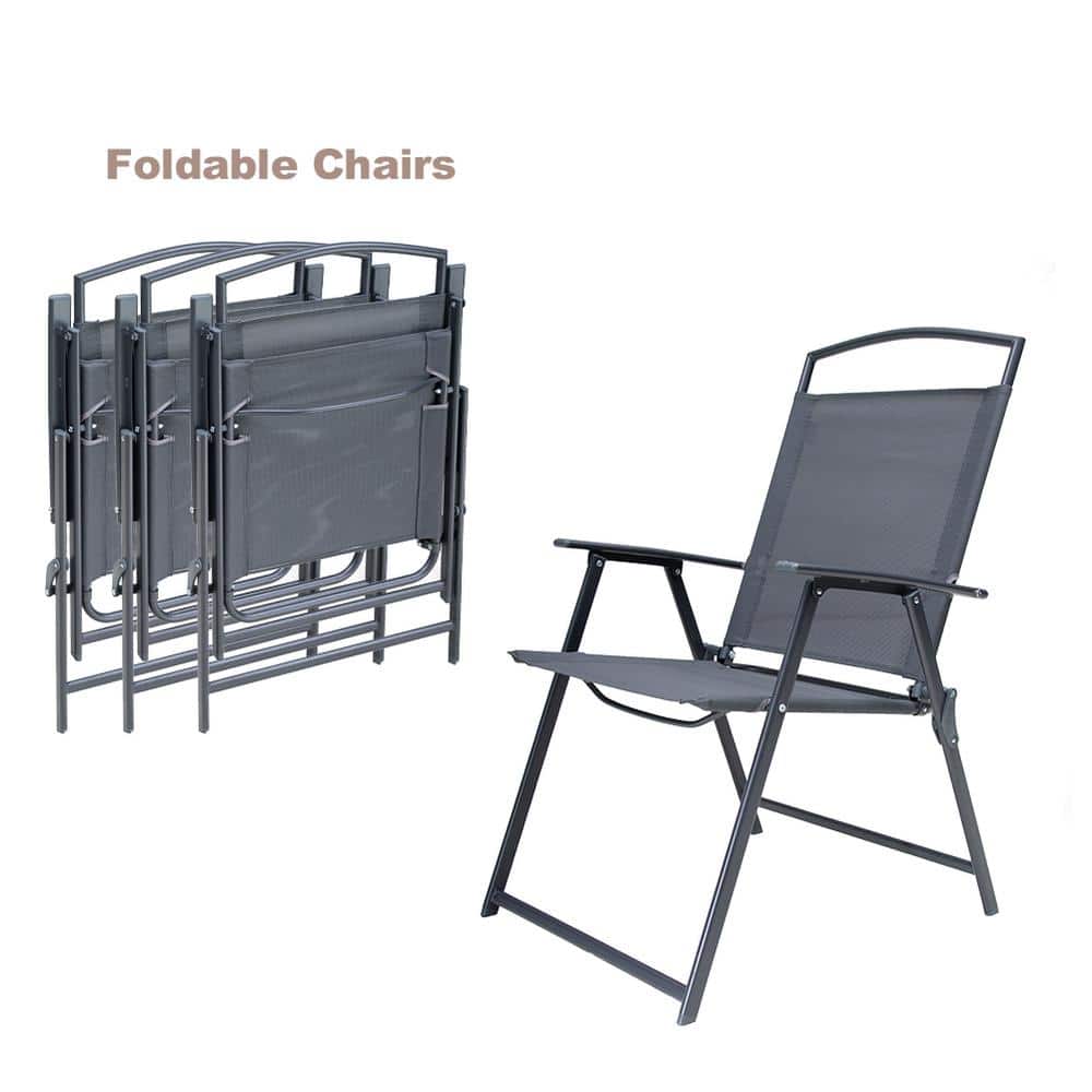 Gray 5-Piece Steel Patio Dining Set with Folding Chairs