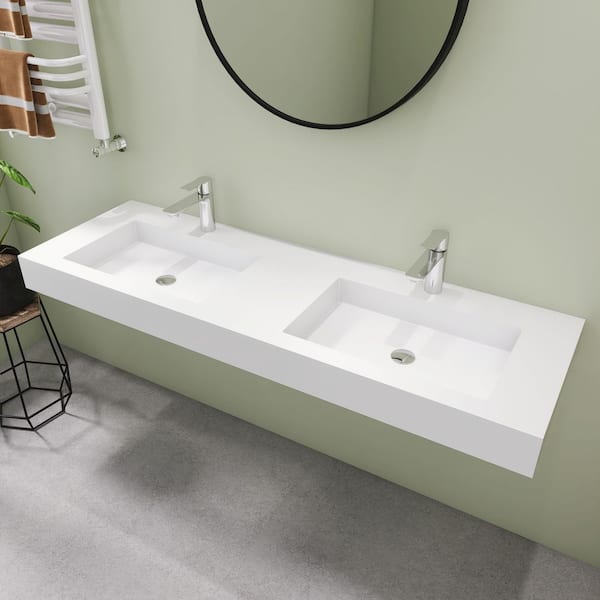 59 in. Wall Mount Rectangle Double Vessel Sink with Faucet Hole, Solid Surface Bathroom Vessel Sink