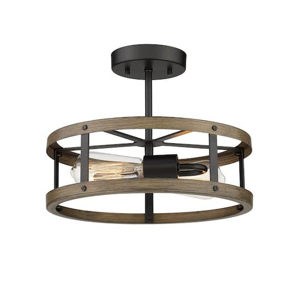 JAZAVA 12.9 in. 2-light Matte Black and Wood Semi-Flush Mount Light