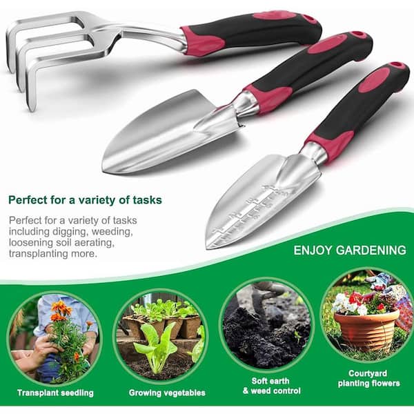 Garden Tools Set 3 Piece Cast Aluminum Heavy Duty Gardening Kit Rubber Anti Skid 