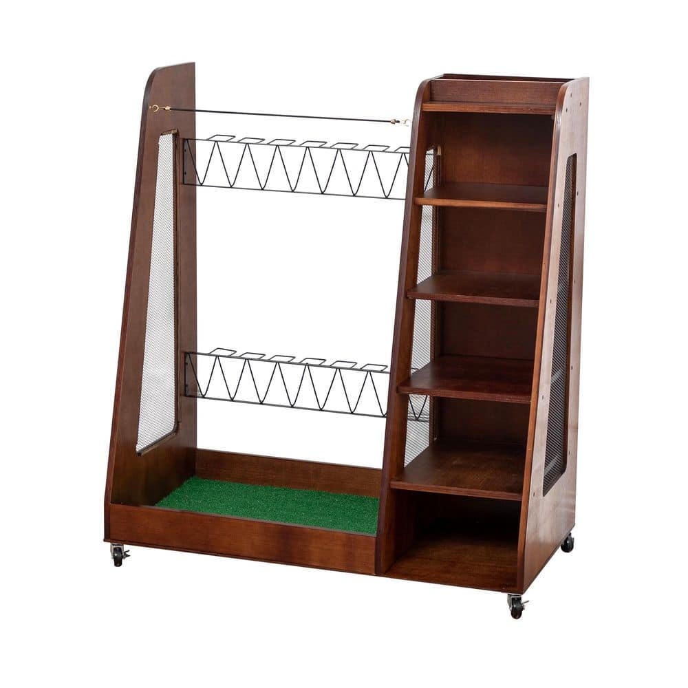 Brown Wooden Golf Bag Organizer with Wheels Stylish Golf Storage Rack Holds 2-Golf Bags price history on PriceWatchPro