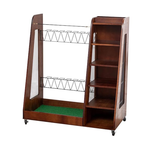 Brown Wooden Golf Bag Organizer with Wheels Stylish Golf Storage Rack Holds 2-Golf Bags