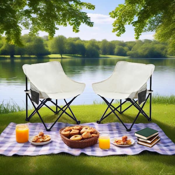 2-Piece Outdoor Camping Chairs Folding Portable, Carry Bag, Beige