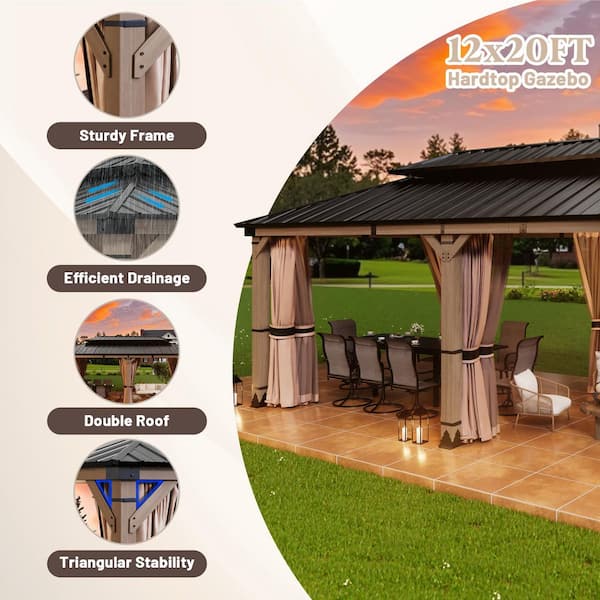 12 ft. x 20 ft. Fir Wood Gazebo with Galvanized Steel Hardtop Double Roof, Insect Screens and Privacy Curtains