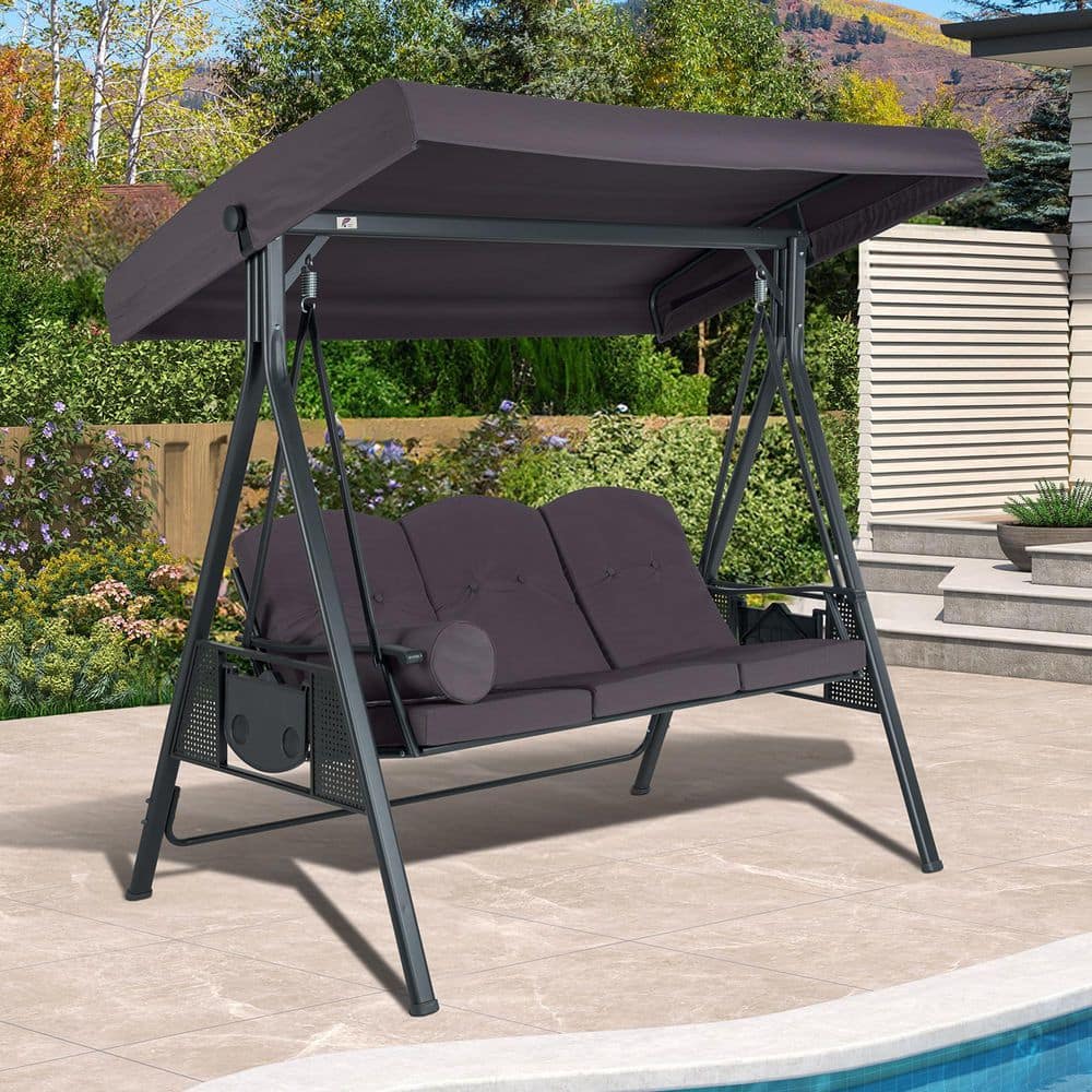 3-Person Grey Outdoor All-Weather Steel Frame Porch Swing with Adjustable Tilt Canopy, Cushions and Pillow Included price history on PriceWatchPro
