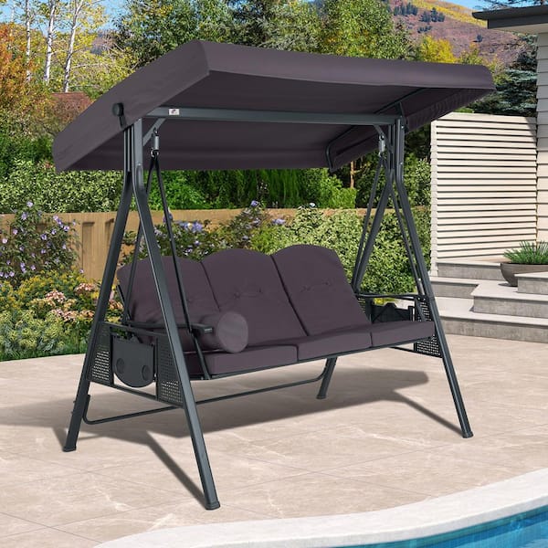 3-Person Grey Outdoor All-Weather Steel Frame Porch Swing with Adjustable Tilt Canopy, Cushions and Pillow Included