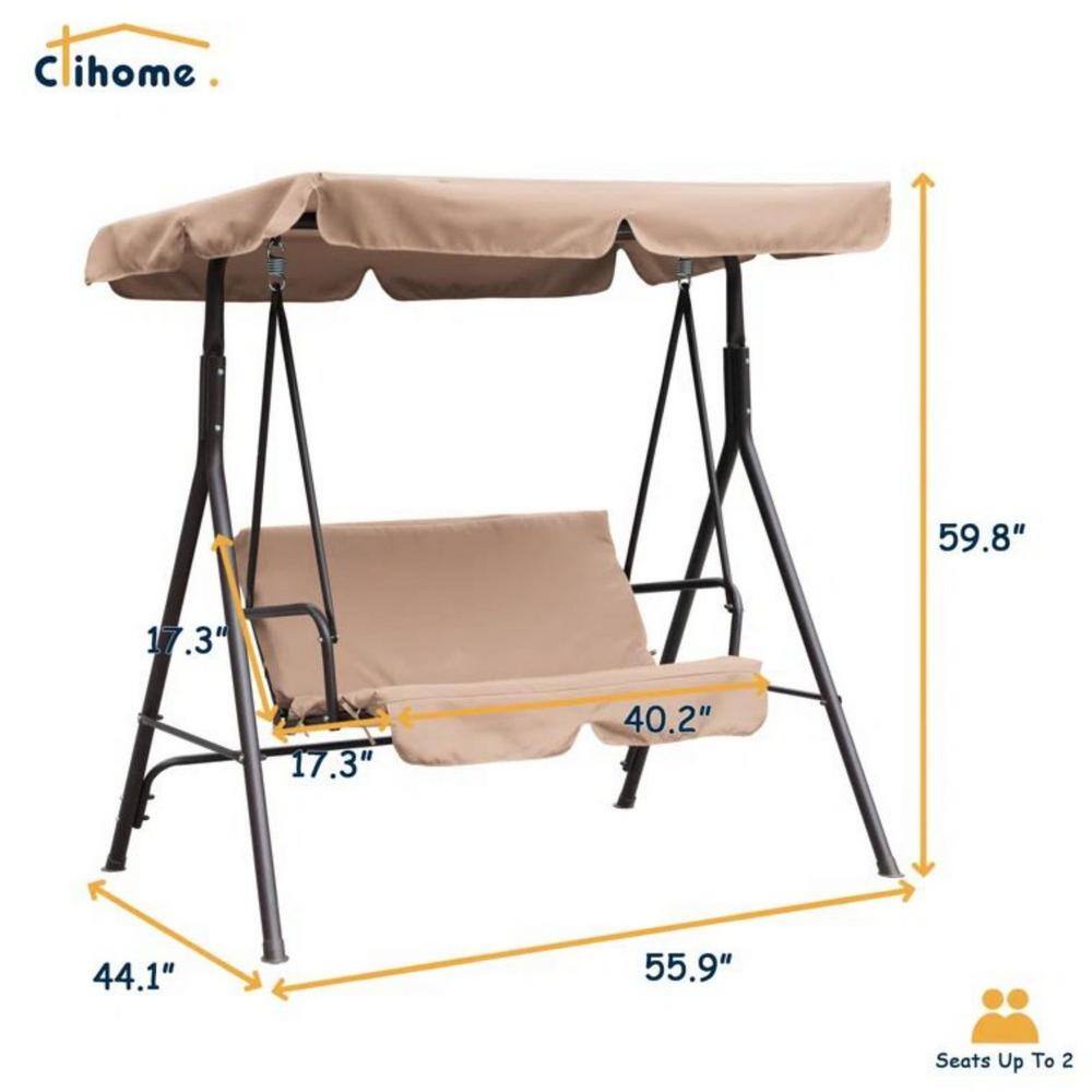 Khaki Steel Frame 2-Person Outdoor Porch Swing with Removable Cushions