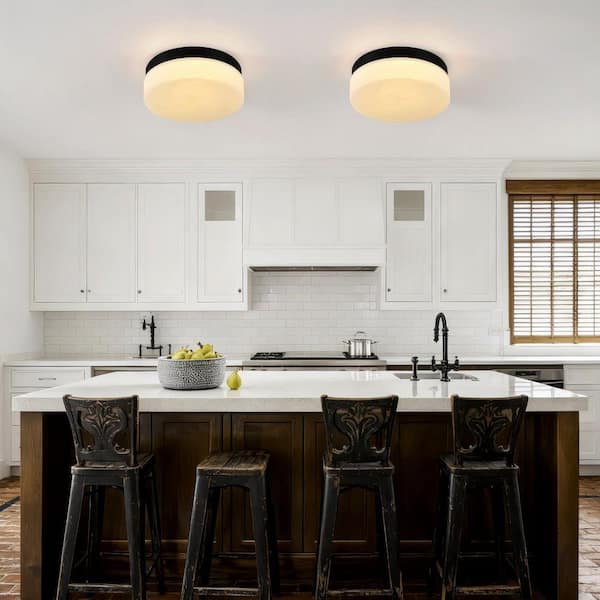 GMGSROM 11.4 in. LED Black Flush Mount With Cloudy Glass Shade