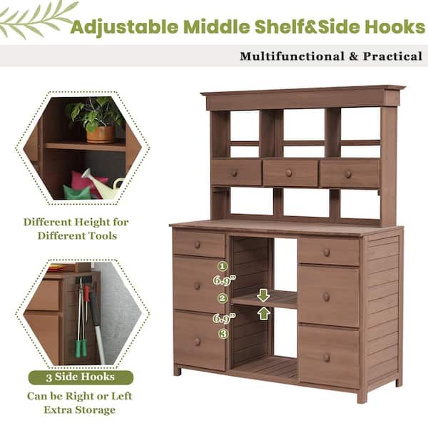 Unbranded - Brown Garden Potting Bench Table Rustic and Sleek Design with Multiple Drawers and Shelves for Storage