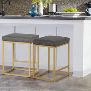 24 in. Gray Square Modern PU Leather Bar Stools with Golden Metal Frame (set of 2)