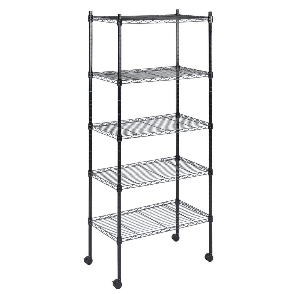 Tileon Heavy Duty 5-Tier Shelving Units Adjustable, Wire Shelf 1000 lbs. Capacity, Wheels Leveling Feet, Black