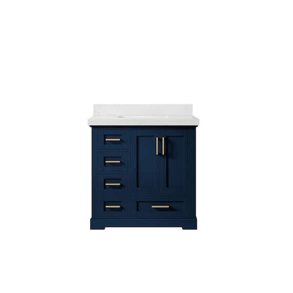 Willow Collections Boston 36 in. W x 22 in. D x 36 in. H Single Sink Bath Vanity Center in Navy Blue with 2" Empira Quartz Top