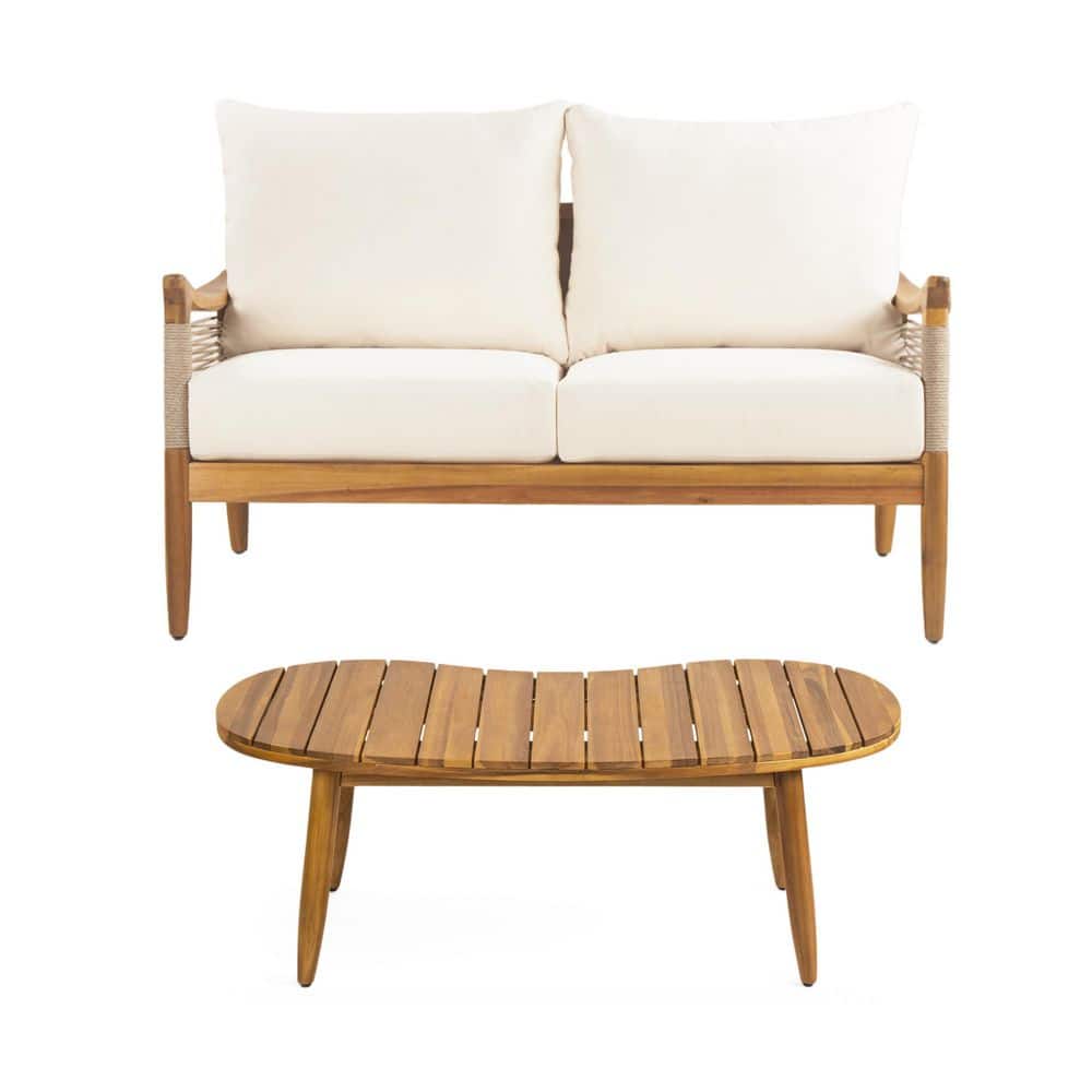 Poppy Outdoor Patio Cushioned Loveseat and Coffee Table Set with Rope Weave, Acacia Wood, Teak Plus Beige price history on PriceWatchPro