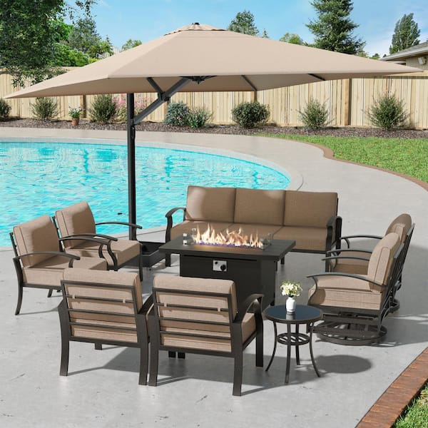 Halmuz 10-Piece Aluminum Patio Conversation Set with Armrest, Firepit Table, Swivel Chairs, Roman Umbrella and Sand Cushions