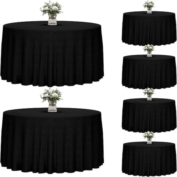 6 Pack 120in Round Black Polyester Tablecloths, Washable Reusable Party Table Covers