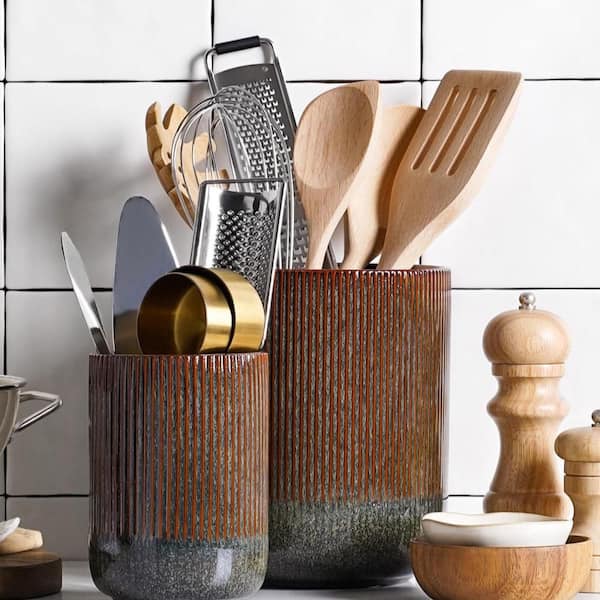 2-Set Ceramic Kitchen Utensil Holder for Countertop, Counter Decor, 7.3 in. and 5.4 in. Cooking Utensil Crocks, Brown