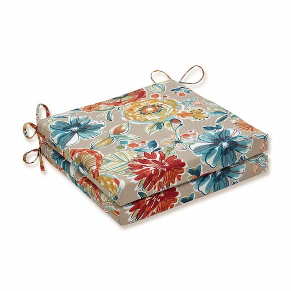 Pillow Perfect Floral 20 in. x 20 in. Outdoor Dining Chair Cushion in Tan/Blue/Green (Set of 2)