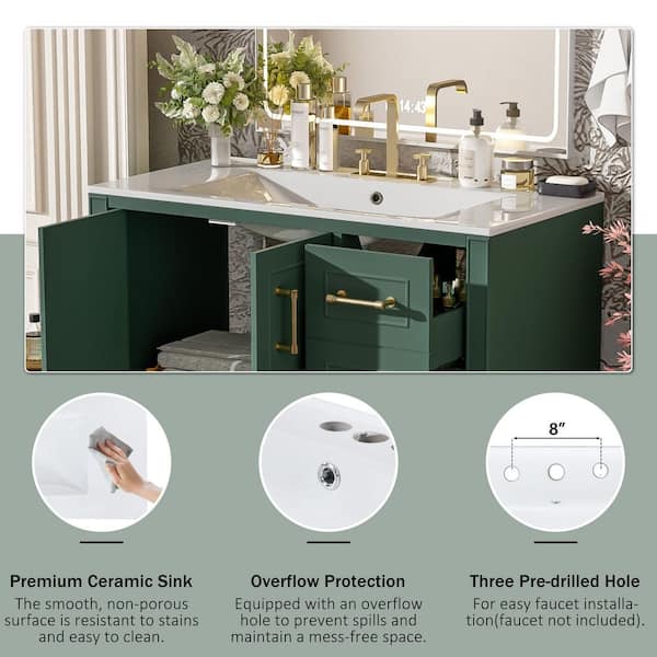 36 in. W Single Sink Freestanding Bath Vanity in Green with White Ceramic Top, 2-Doors and 4-Drawers