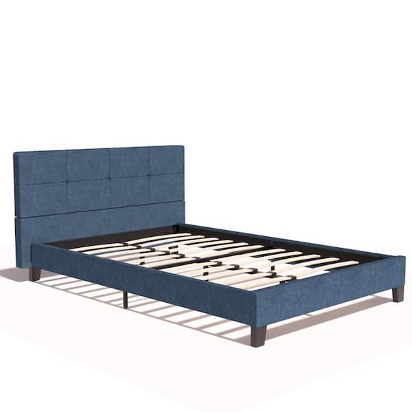 59.84 in. W Dark Blue Full Upholstered Linen Iron Frame Platform Bed with Tufted Square Stitched Fabric Headboard