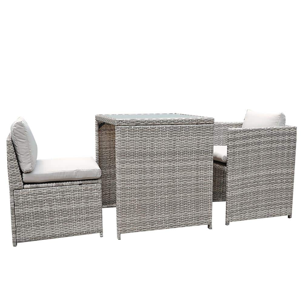 Black 3-Piece Wicker Outdoor Dining Set with Grey Cushion