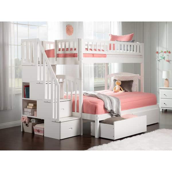 AFI Westbrook White Twin Over Full Staircase Bunk with 2-Urban Bed Drawers