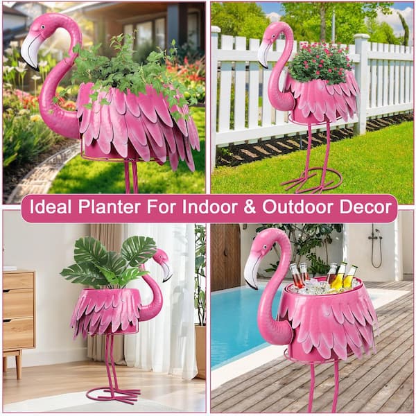 Augbeer Metal Standing Flamingo Plant Pots with Drain Hole for