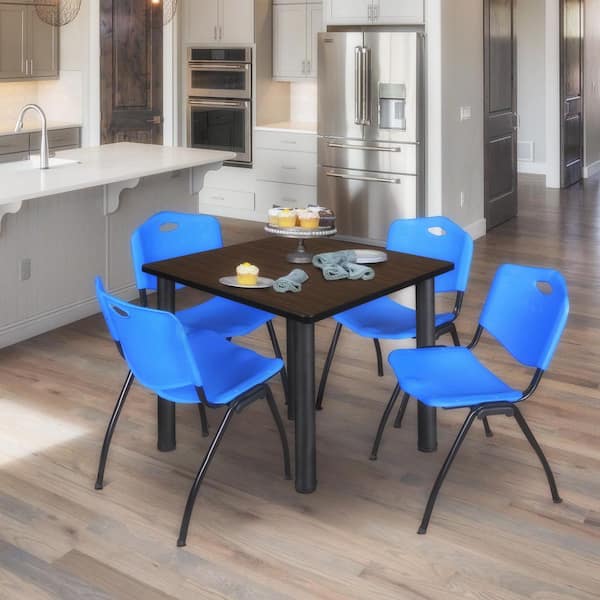 Kee 42 in. Neo Walnut Square Breakroom Table Desk and 4 'M' Stack Chairs-Blue