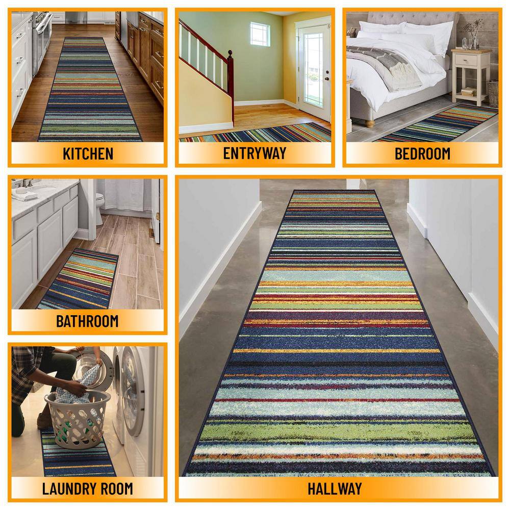Multicolor Striped Non-Slip Synthetic Runner Rug, 2'7" x 9'10"