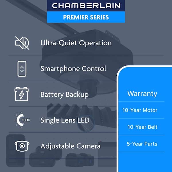 Premier Series 1 HP Belt Drive Garage Door Opener with Battery Backup, Adjustable Camera, and myQ Smartphone Control
