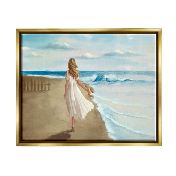 The Stupell Home Decor Collection Walk On The Beach Blue Ocean Painting by Ziwei Li Floater Frame Typography Wall Art Print 25 in. x 31 in.