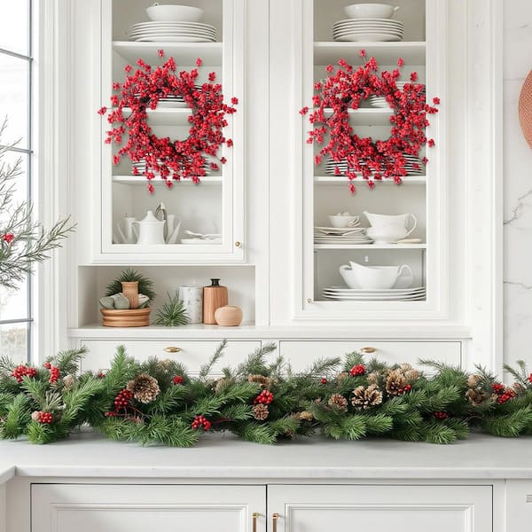 Glitzhome 14 in. D Mini Red Berries Unlit Artificial Christmas