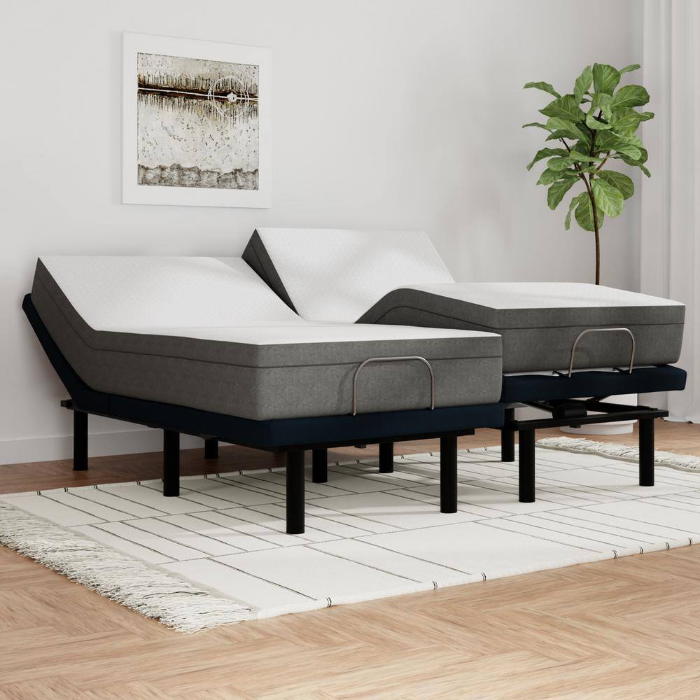 Split King Adjustable Bed with Gel Memory Foam Mattress in White Linen
