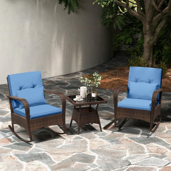 3-Piece Wicker Outdoor Patio Conversation Rocking Set with Tempered Glass Coffee Table and Navy Cushions