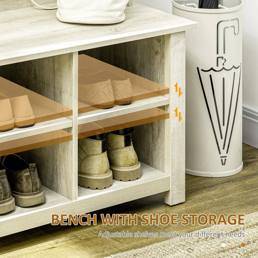 White Wood Hall Tree with Shoe Storage Bench and Coat Rack
