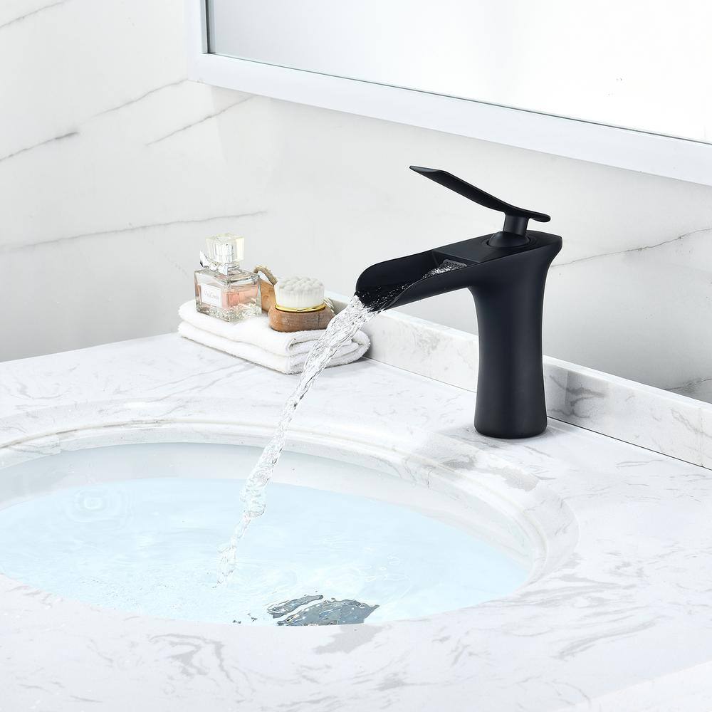 Matte Black Solid Brass Single-Handle Waterfall Bathroom Faucet