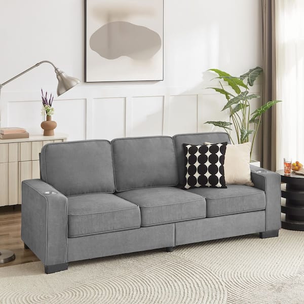 Thodore Modern 83.86 in. Square Arms Upholstered Velvet Rectangle 3-Seater Sofa in Gray with Cup Holder