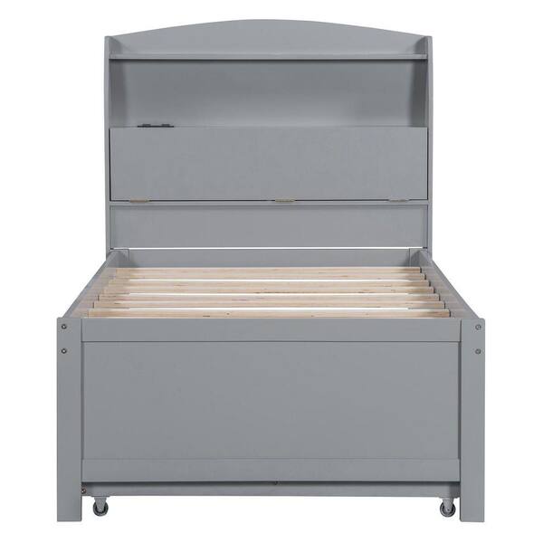 Nestfair Gray Wood Frame Twin Size Platform Bed with LED, Drawers
