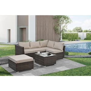 6-Piece Brown Rattan Wicker Patio Conversation Set with Beige Cushions