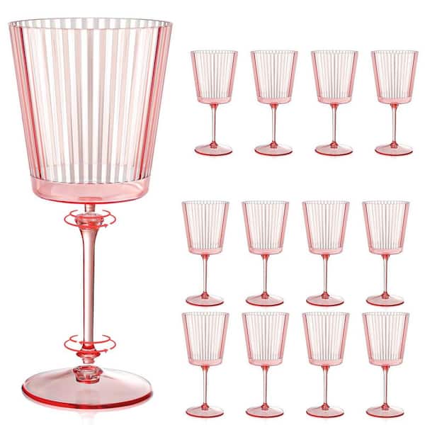12-Piece Pink 13.5 oz. Plastic Wine Glasses with Removable Stems, Elegant Glassware for Wedding Anniversary Birthday